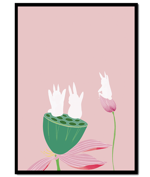 Whimsical Rabbits on Lotus with Pink Background