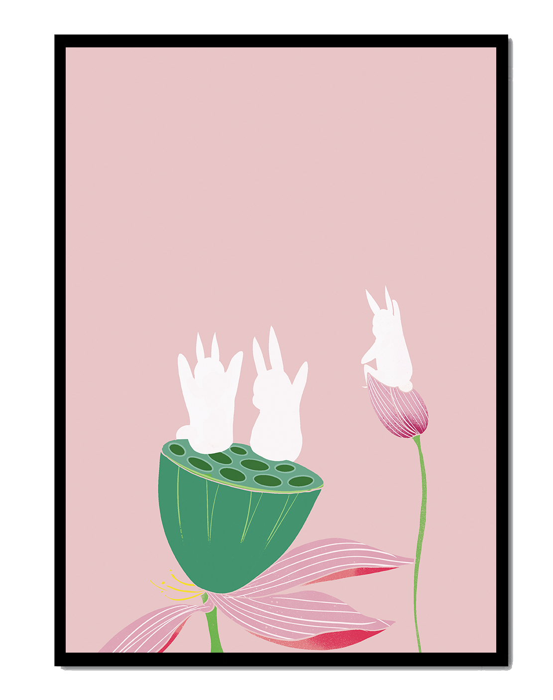 Whimsical Rabbits on Lotus with Pink Background