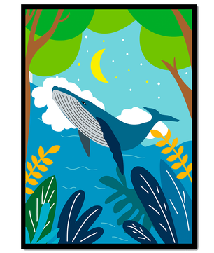 Illustration eines Wals in einer farbenfrohen Waldszene mit Mond und Pflanzen