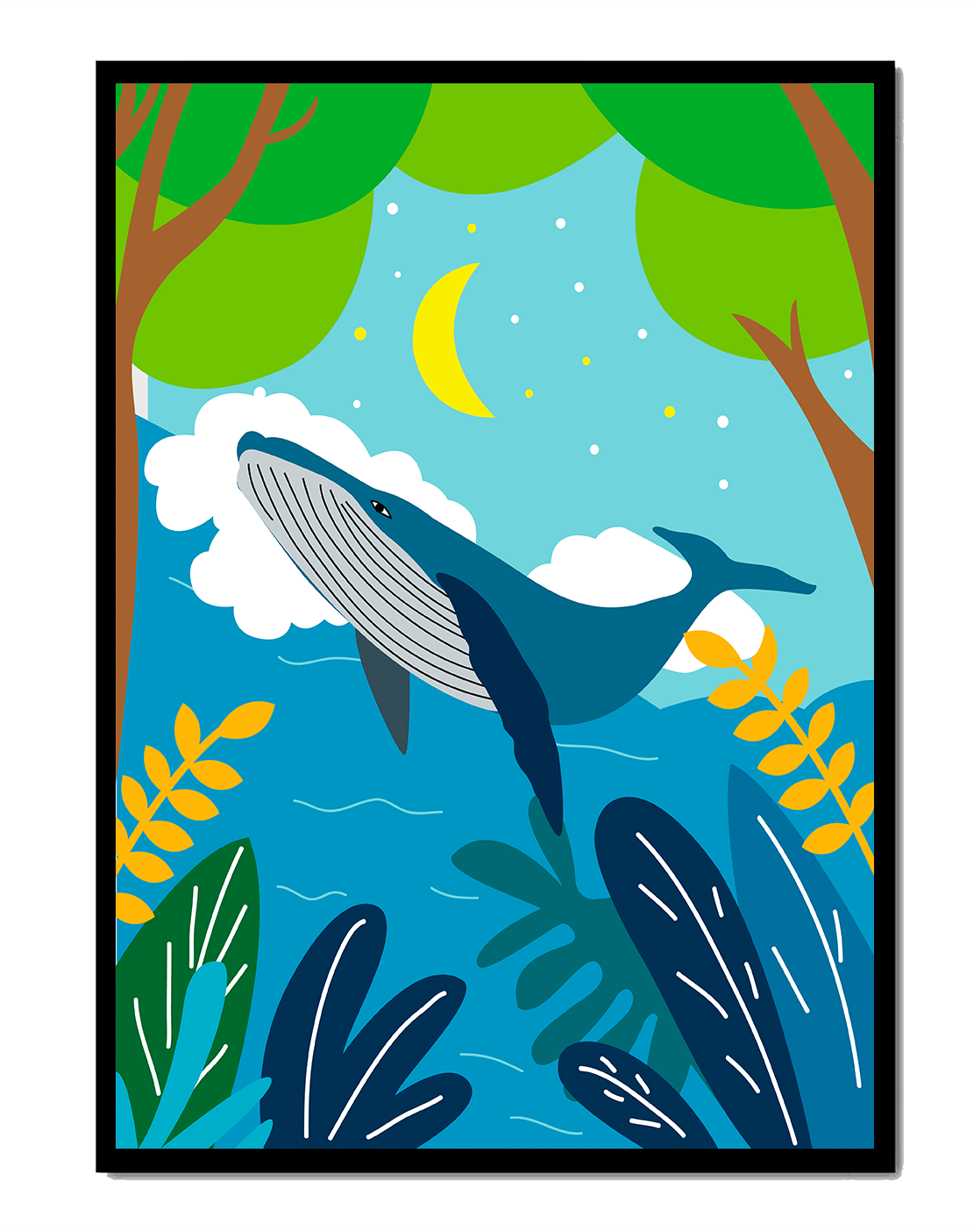 Illustration of a whale in a colorful forest scene with moon and plants