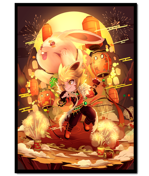 Fantasy scene with rabbit and character amid fireworks and lanterns