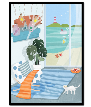 Habitación acogedora con vista al mar y faro a través de la ventana