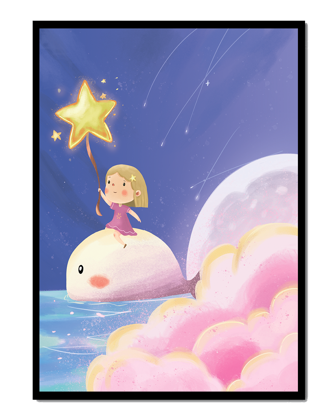 Magical illustration with child on whale under starry sky