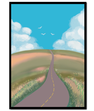 Camino sereno en el campo con cielo vibrante y colinas onduladas