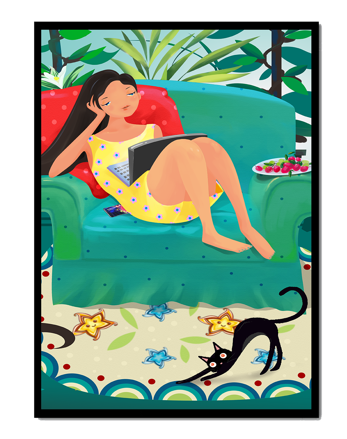 Young Woman Relaxing on Couch with Cat and Fruits in Vibrant Living Room