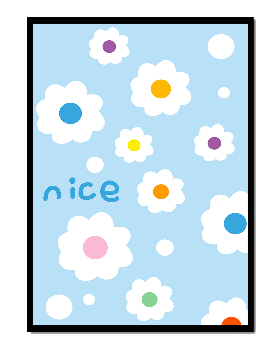 Pastel floral pattern with colorful centers on a blue background