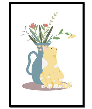 Ilustración de un gato sentado junto a un jarrón floral