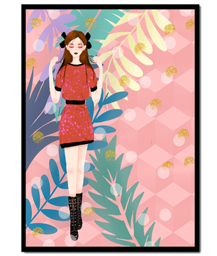 Illustration élégante d'une femme avec des éléments botaniques et un fond géométrique