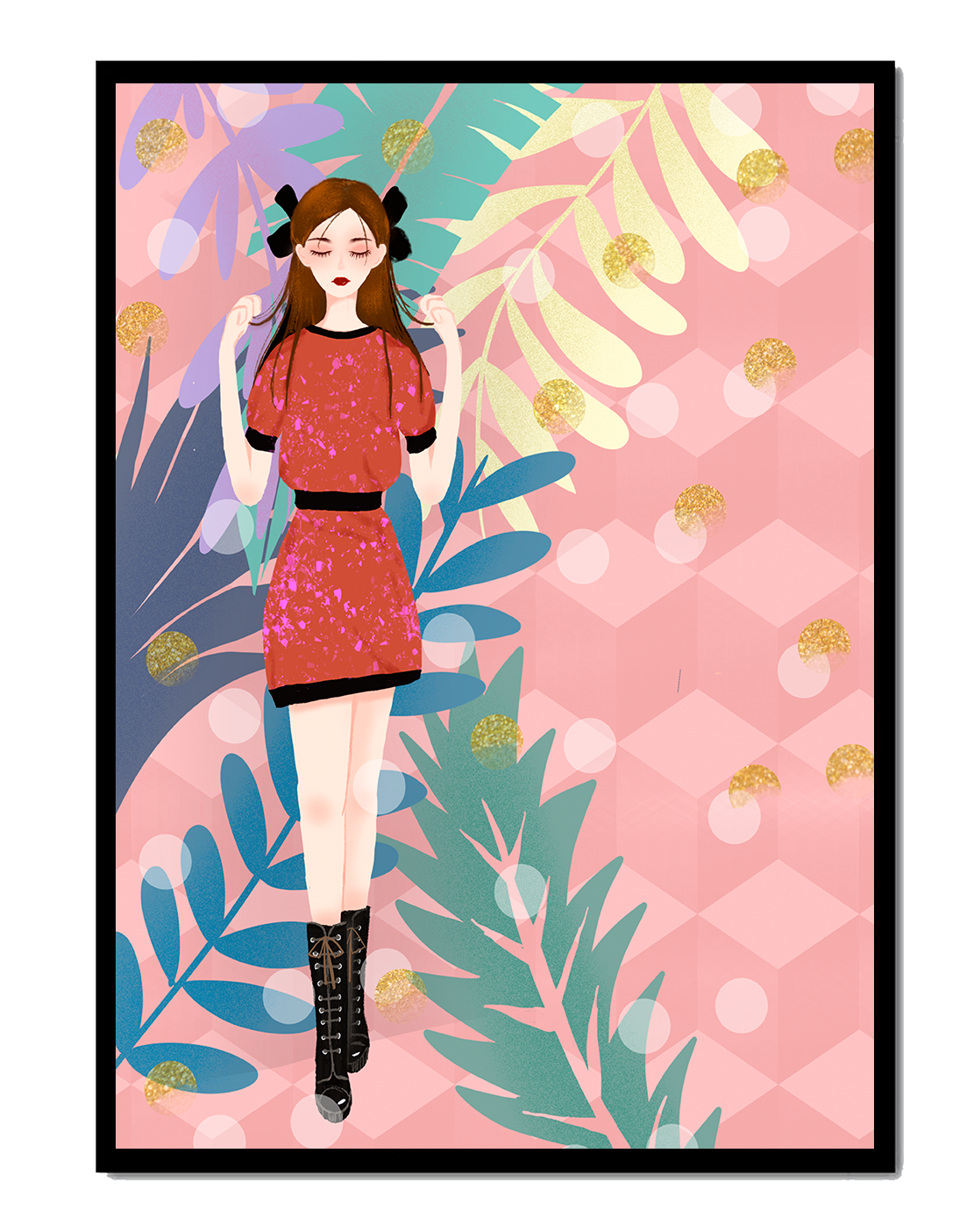 Stylish illustration of a woman with botanical elements and geometric background