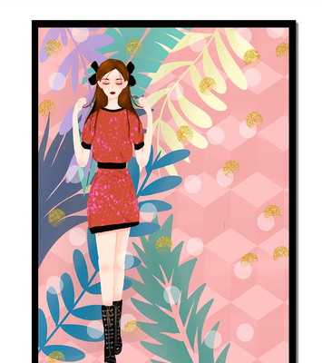 Stylish illustration of a woman with botanical elements and geometric background