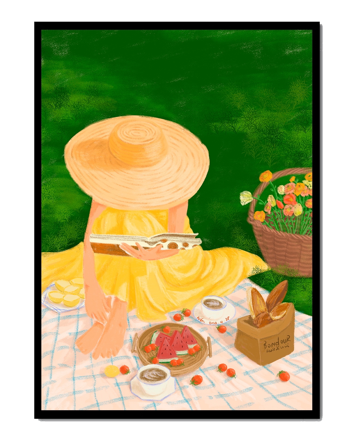 Picnic in the Park with Straw Hat and Flowers