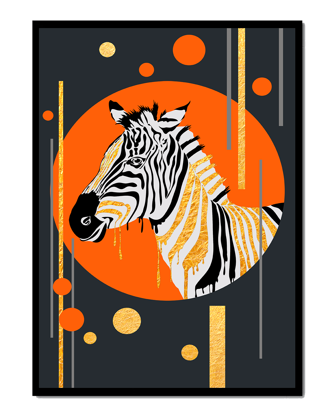 Modern zebra art with golden accents on abstract background