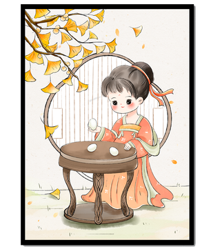 Charmante illustration d'une fille en tenue traditionnelle avec des feuilles de ginkgo