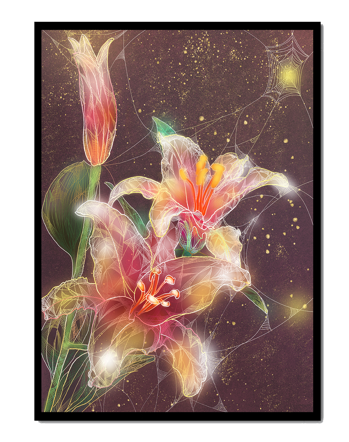 Elegant Floral Composition with Intricate Details and Golden Accents