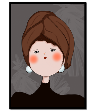 Retrato elegante de una mujer con un tocado único y rasgos expresivos