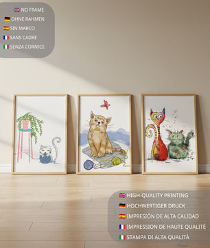Art illustré de chats dans des cadres en bois