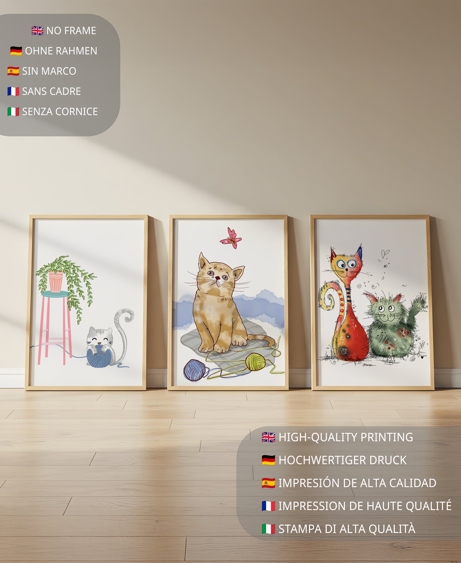 Art illustré de chats dans des cadres en bois