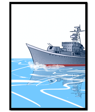 Illustrative depiction of a warship sailing on calm waters