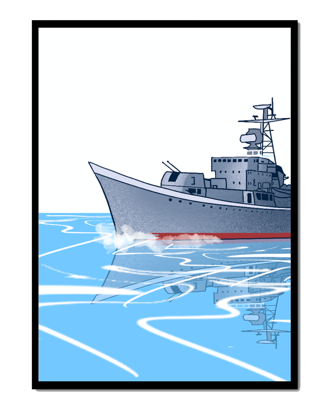 Illustrative depiction of a warship sailing on calm waters