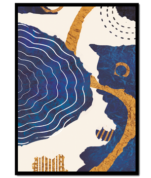 Diseño abstracto ondulado azul y dorado con patrones geométricos