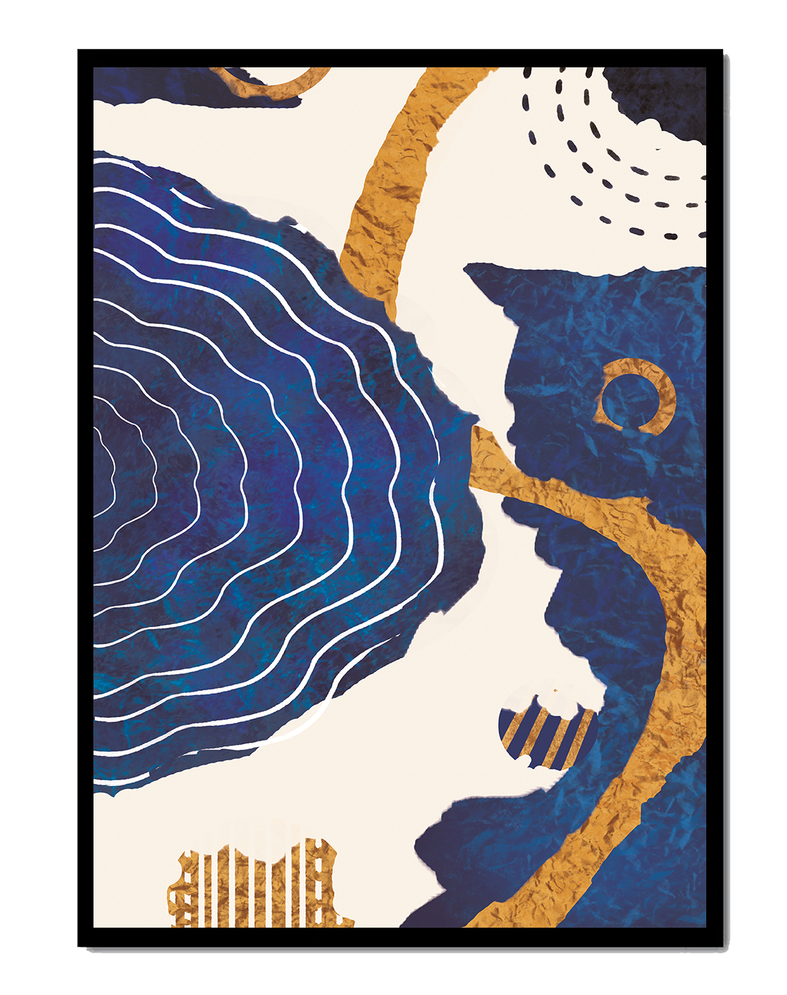 Diseño abstracto ondulado azul y dorado con patrones geométricos