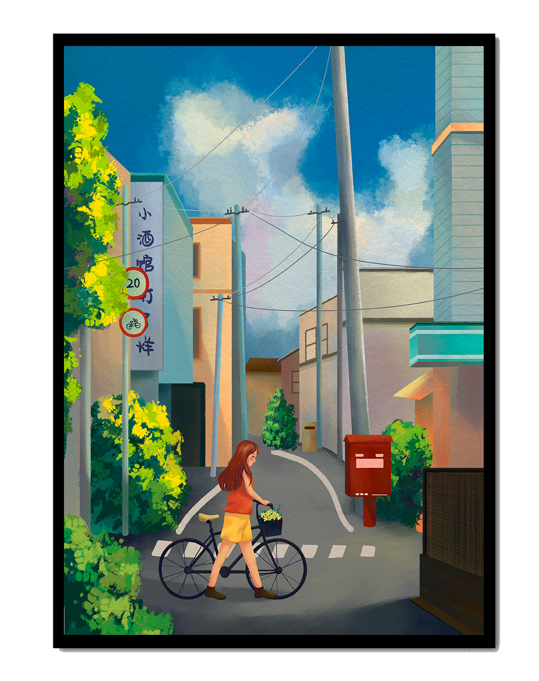 Young woman with bicycle in a quiet urban street