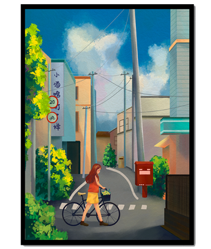 Young woman with bicycle in a quiet urban street