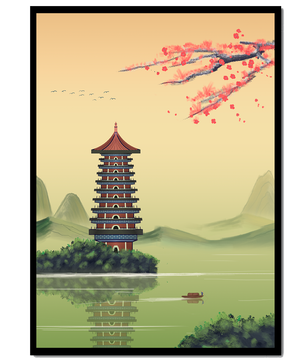 Serene landscape with traditional pagoda and blooming cherry blossoms