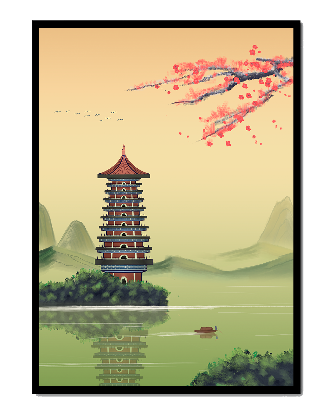 Serene landscape with traditional pagoda and blooming cherry blossoms