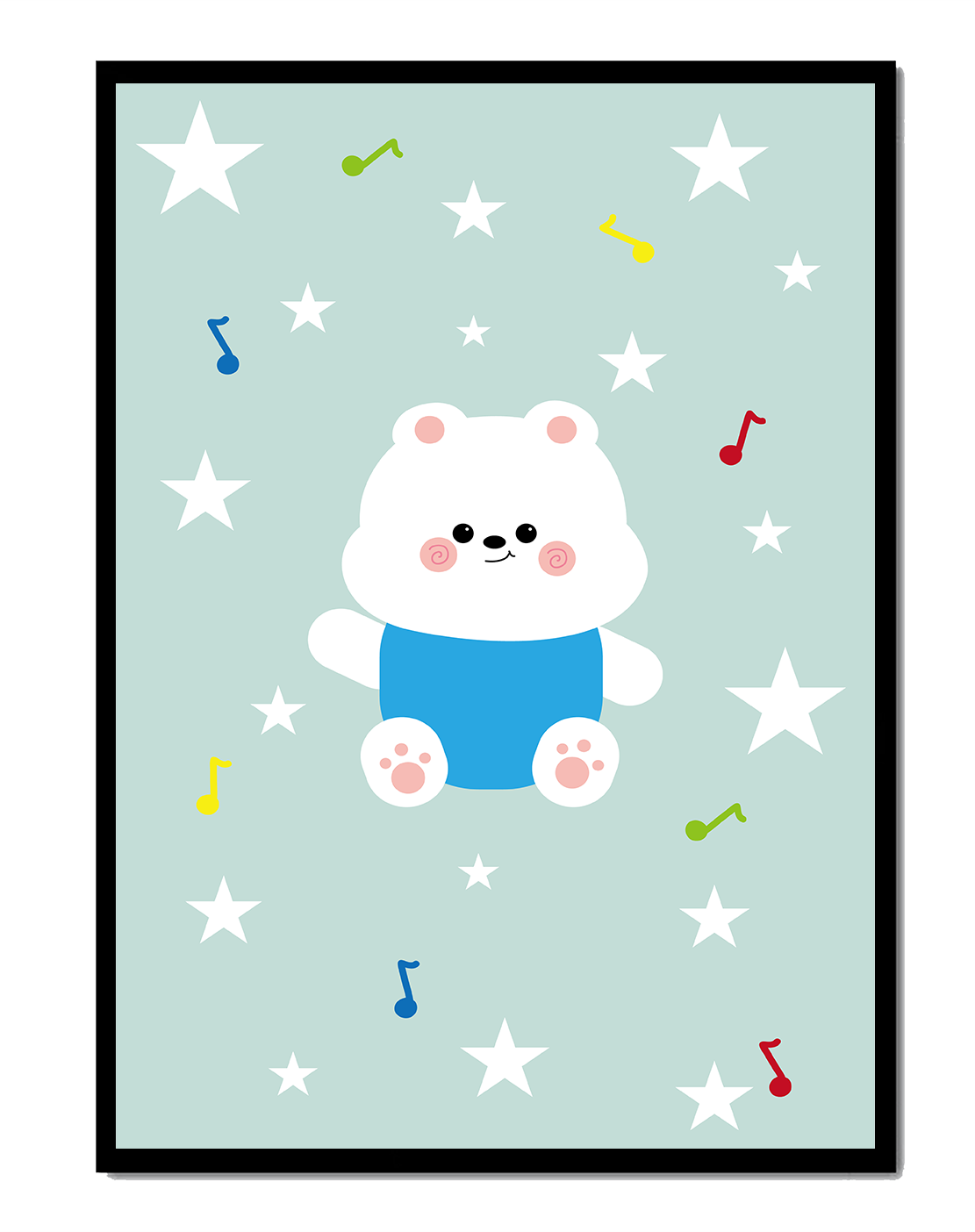 Playful bear illustration with musical notes and stars