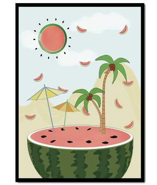 Summer Paradise with Watermelon Sun and Palms in Surreal Landscape