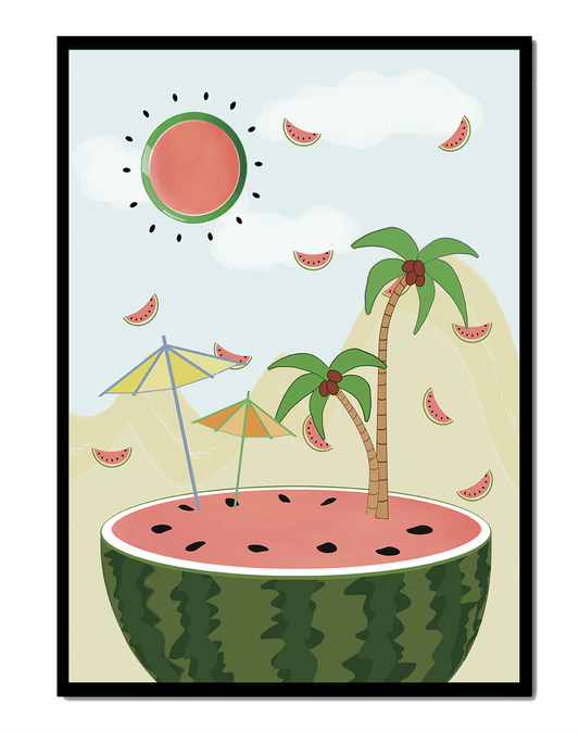 Summer Paradise with Watermelon Sun and Palms in Surreal Landscape