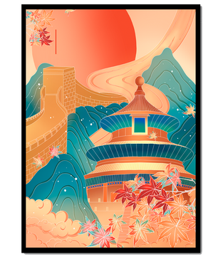 Illustration of Chinese architecture with the Great Wall and nature elements