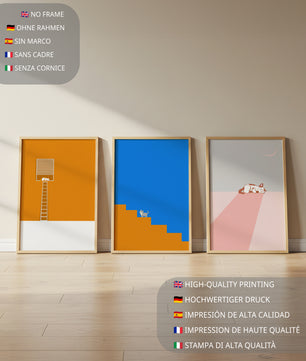Ensemble de trois tableaux avec des figures géométriques et un chat
