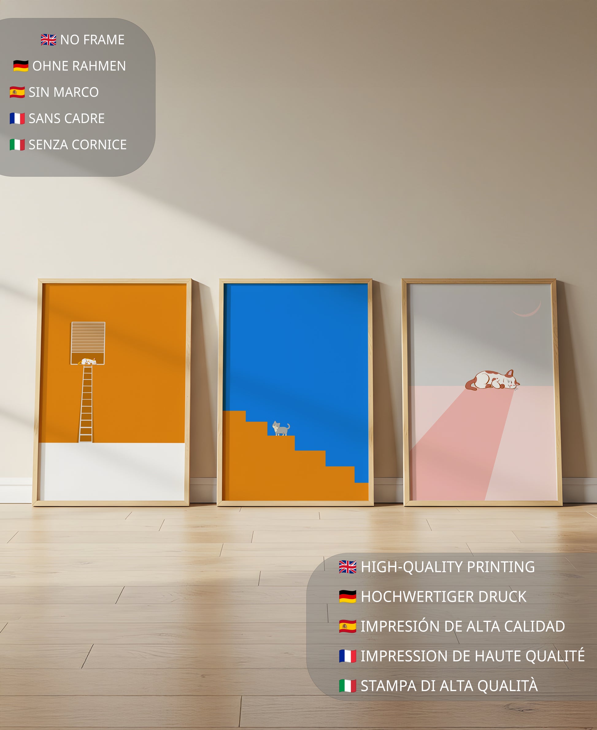 Ensemble de trois tableaux avec des figures géométriques et un chat