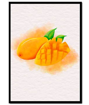 Watercolor depiction of a ripe mango with leaves on textured background