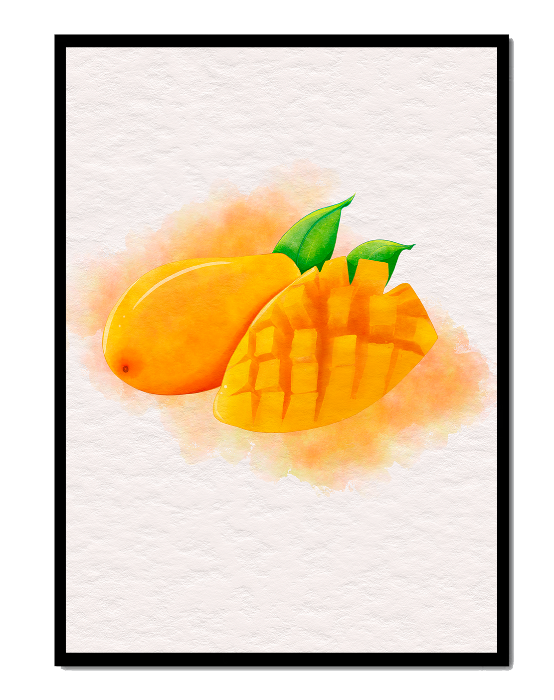 Watercolor depiction of a ripe mango with leaves on textured background