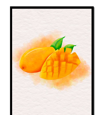 Watercolor depiction of a ripe mango with leaves on textured background