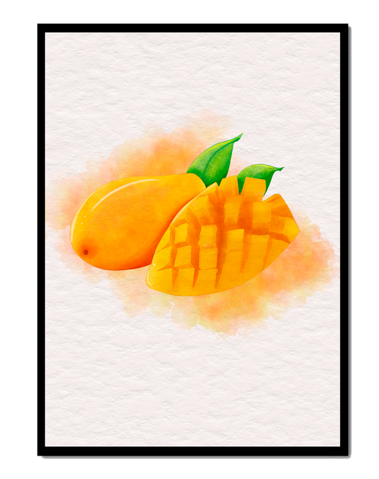 Watercolor depiction of a ripe mango with leaves on textured background