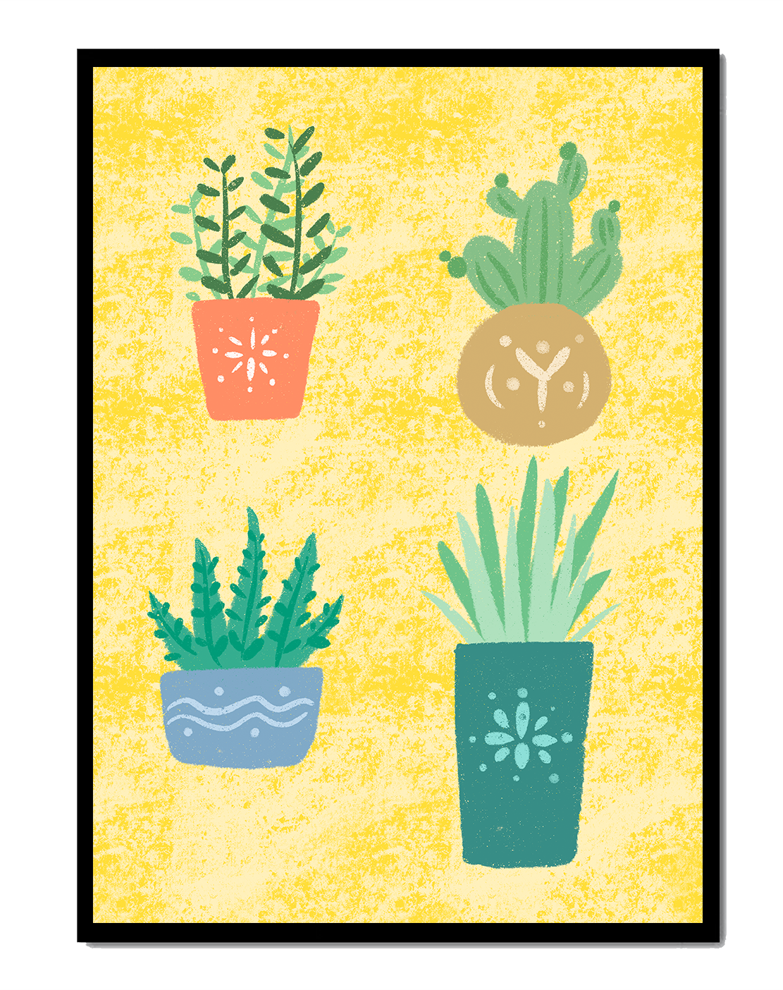 Illustrated potted plants on textured yellow background