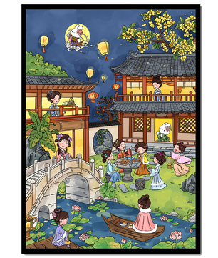 Traditional Chinese Garden Scene with Lanterns and Moon Rabbit