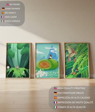 Mur Avec Trois Impressions Artistiques De Paysages Naturels Oniriques