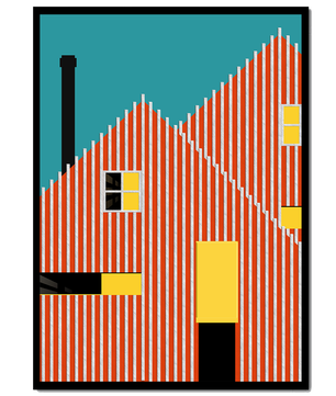 Arquitectura geométrica abstracta con rayas audaces y acentos coloridos