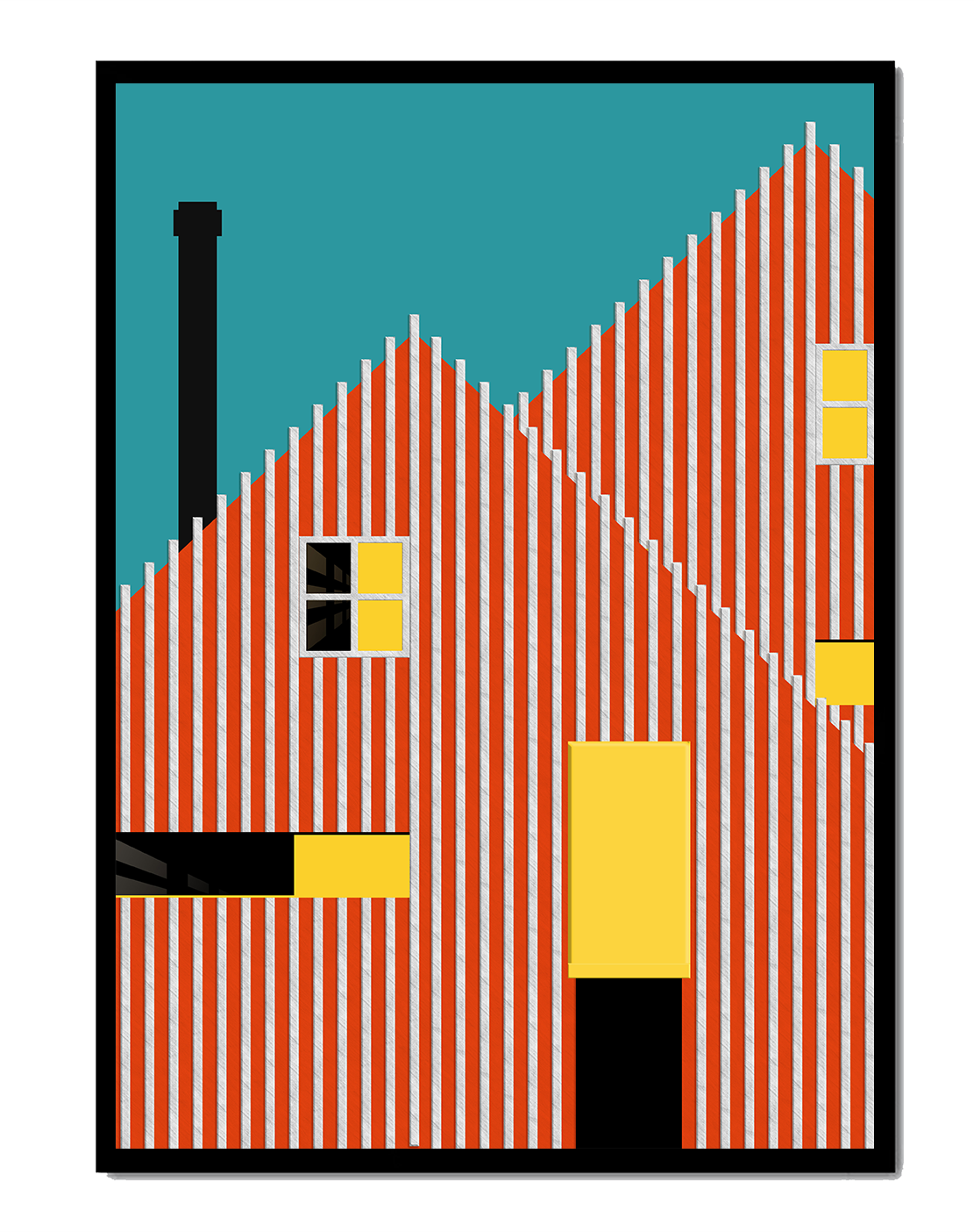 Arquitectura geométrica abstracta con rayas llamativas y acentos coloridos.
