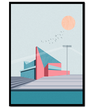 Ilustración arquitectónica moderna con diseño geométrico y atardecer