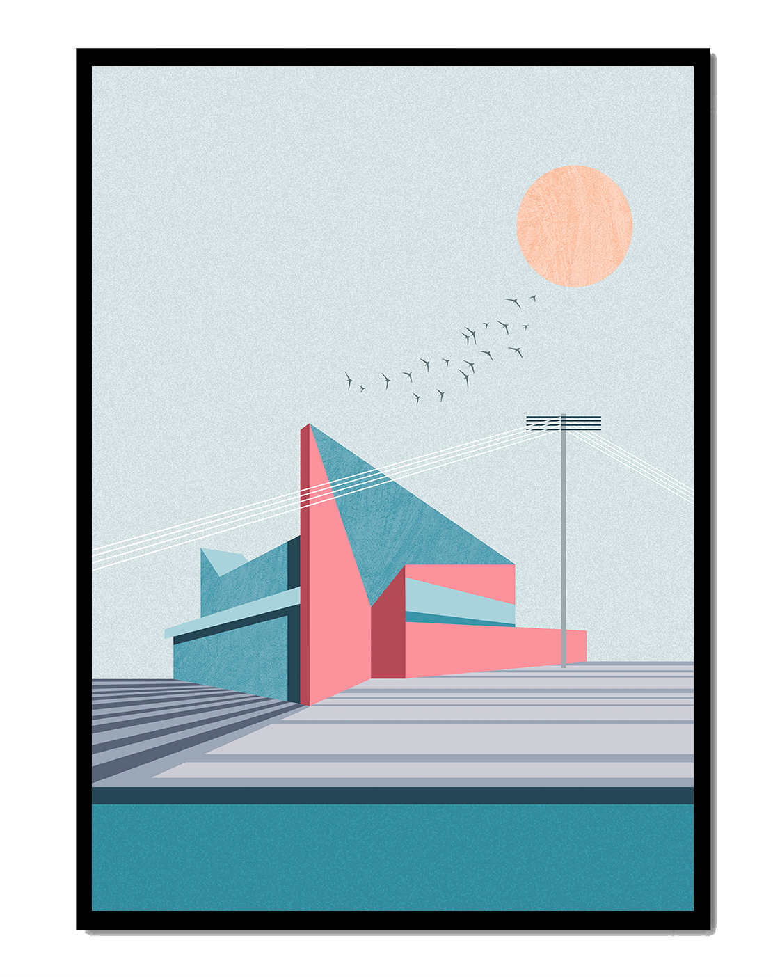 Ilustración arquitectónica moderna con diseño geométrico y atardecer