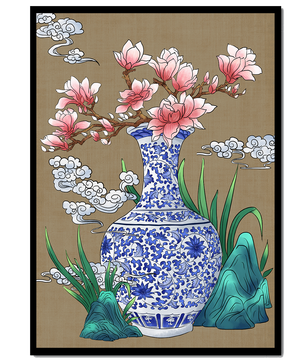 Arreglo floral elegante en un jarrón de porcelana azul y blanco con magnolias
