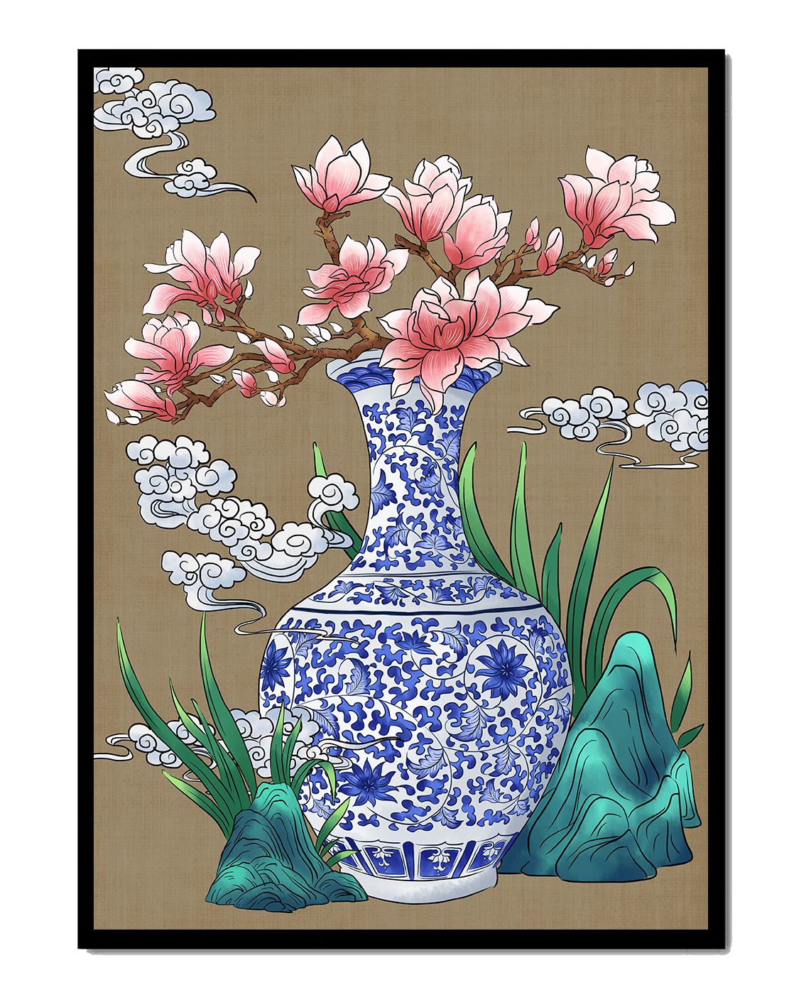 Elegante arreglo floral en jarrón de porcelana azul y blanca con magnolias.