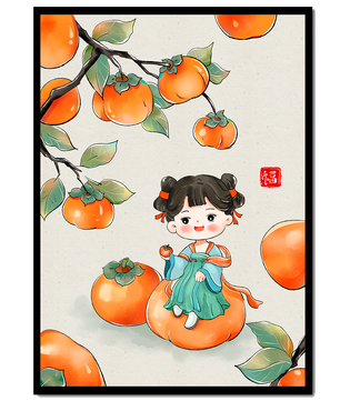 Illustration of a girl sitting on a persimmon surrounded by fruit and leaves