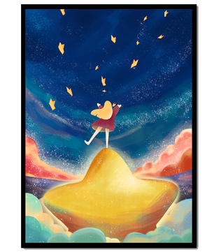 Girl standing on a golden hill reaching for stars in a dreamy night sky